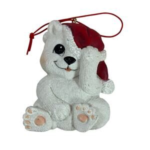 Cute Shy Polar Bear Santa Hat Ceramic Christmas Ornament